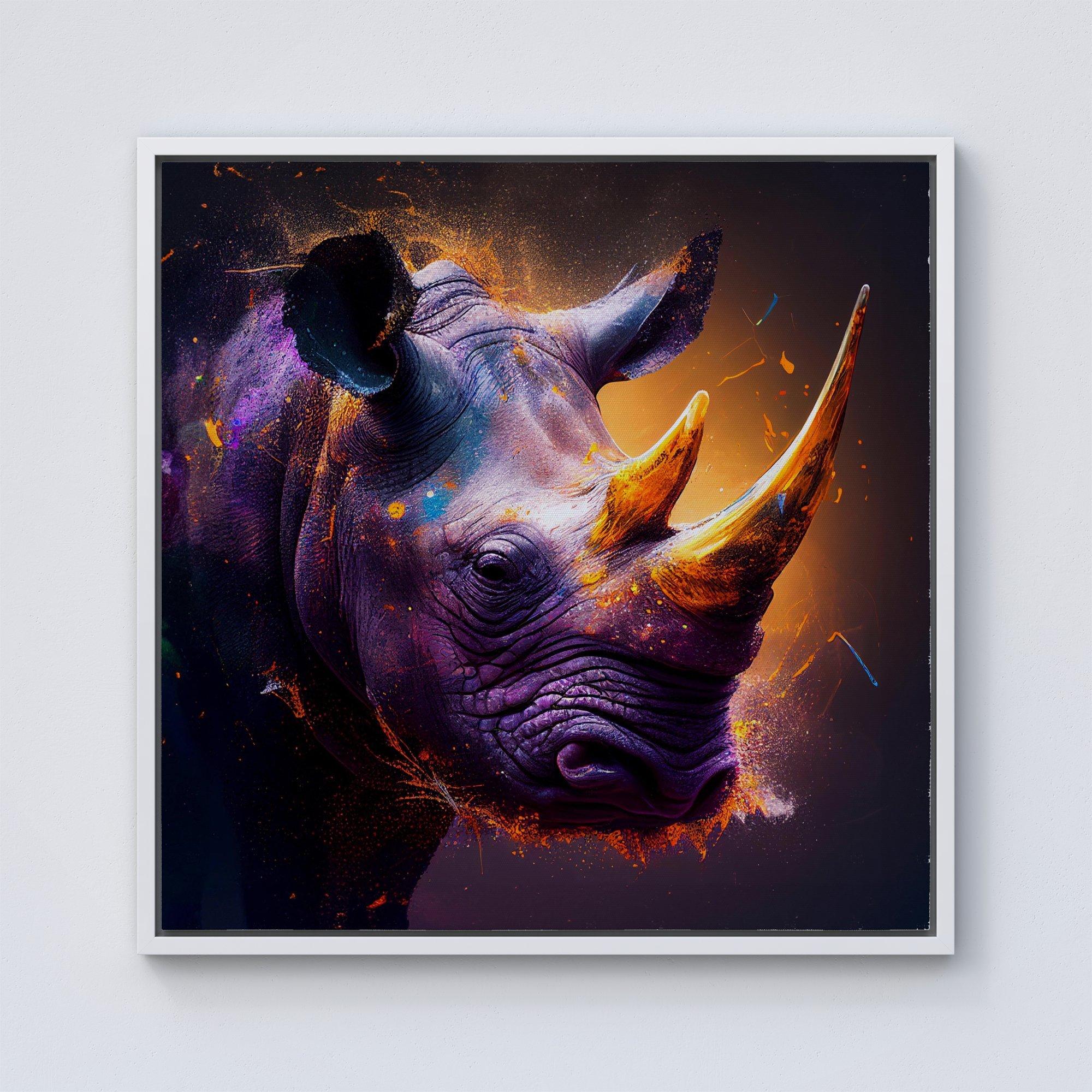 Golden Rhino Face Splashart Framed Canvas